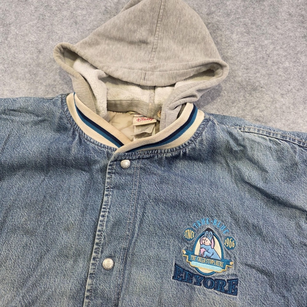 Vintage Disney Store Jacket Mens Large Blue Denim Eeyore Hooded Varsity DISTRESS - Picture 8 of 16